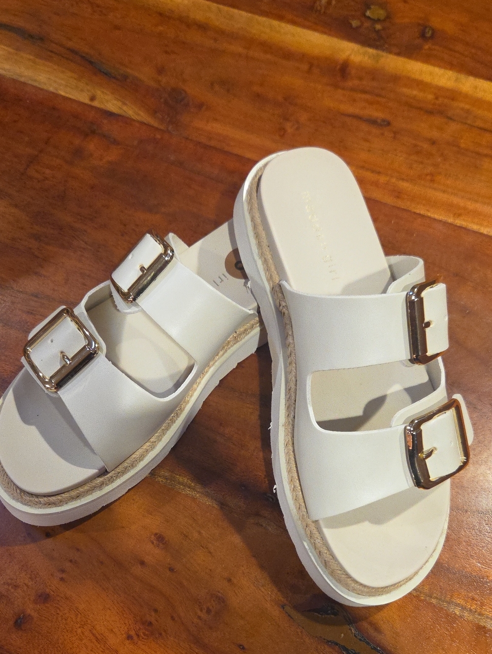 Madden Girl Cream Double-Buckle Slide Sandals